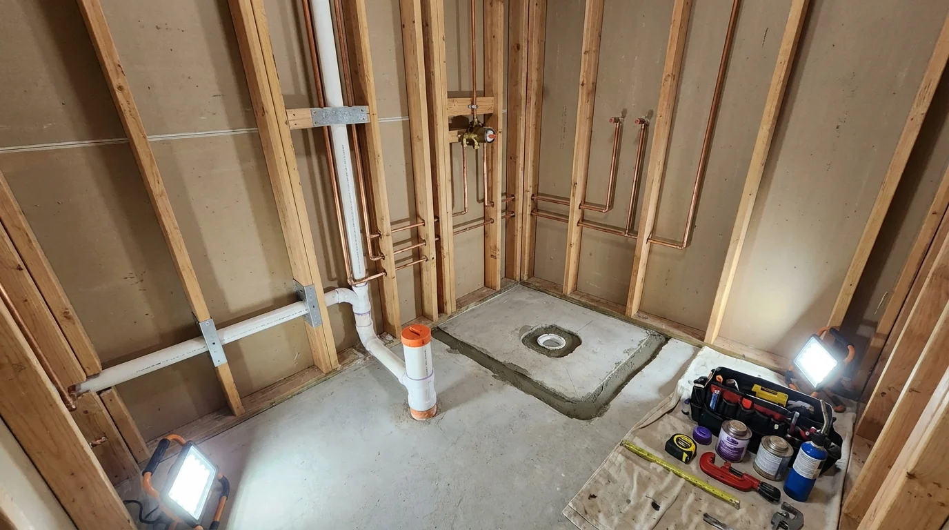Bathroom rough-in plumbing during remodel by Johns Plumbing LLC in Dawsonville