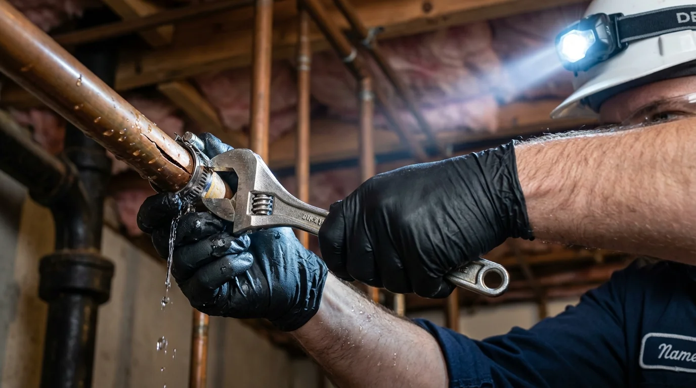 Emergency pipe clamp repair being performed by a Johns Plumbing LLC plumber in Dawsonville