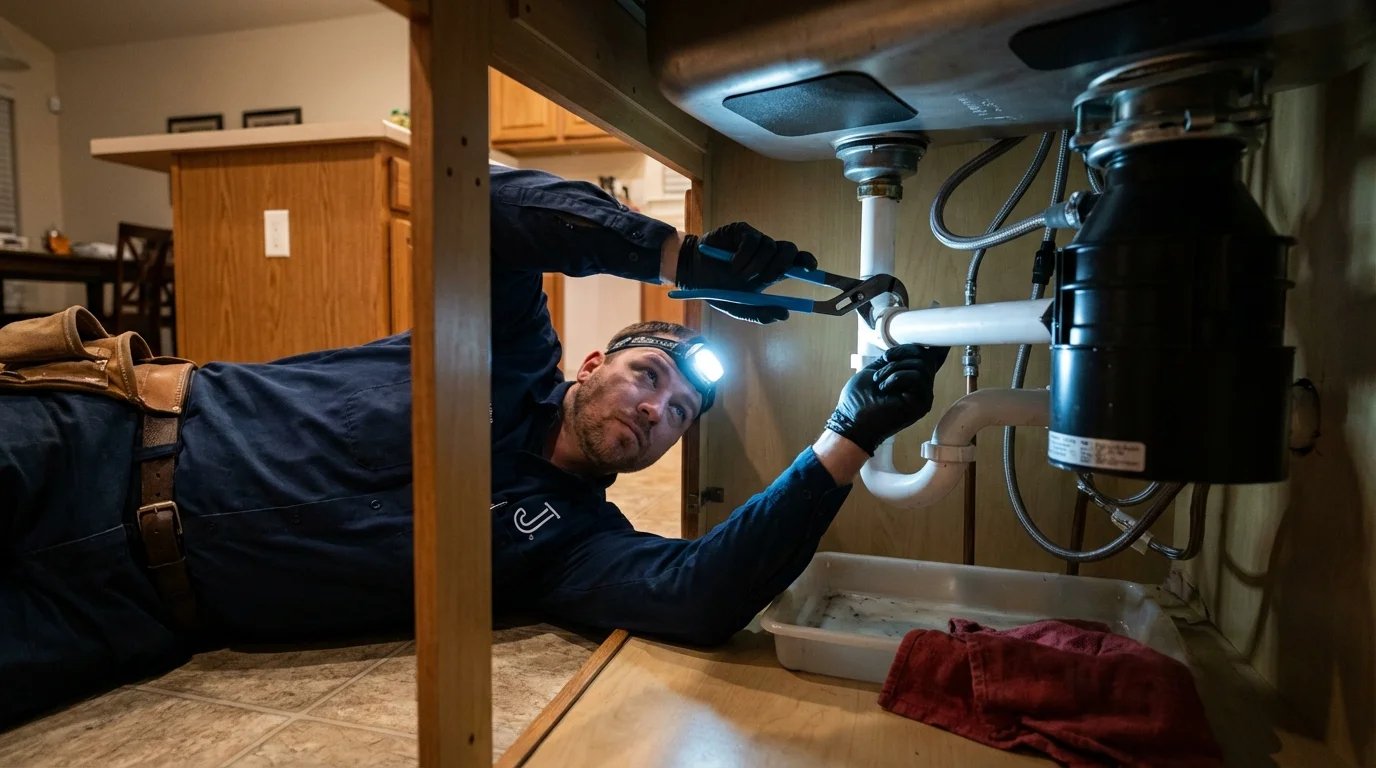 P-trap and supply line connections under a kitchen sink showing a common leak point in Dawsonville, GA